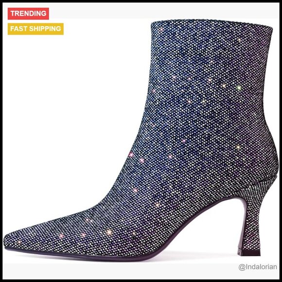 Shoes - Glitter Booties Pointed Toe Kitten Heels Sparkling Sequin Ankle Boots